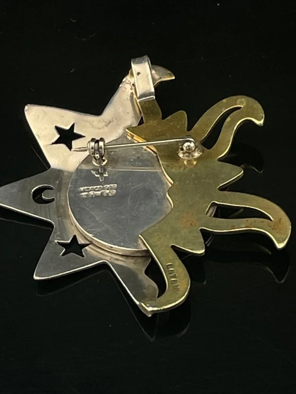 Vintage Mexico 925 Sterling Silver & Brass Celestial Sun Moon Brooch Pin Artisan